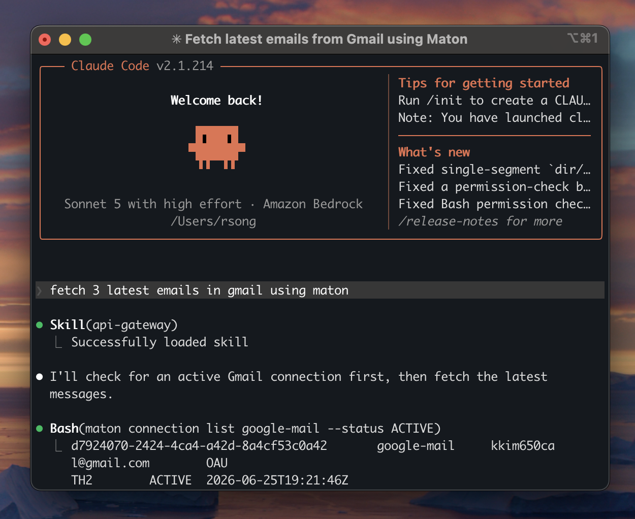 Claude Code fetching Gmail emails through Maton