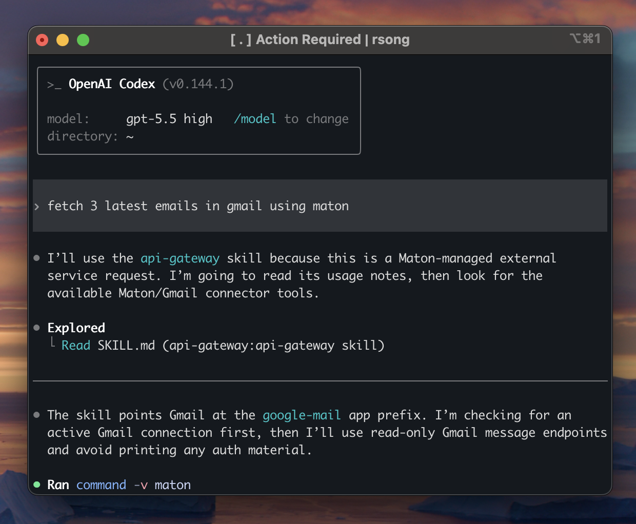 Codex fetching Gmail emails through Maton