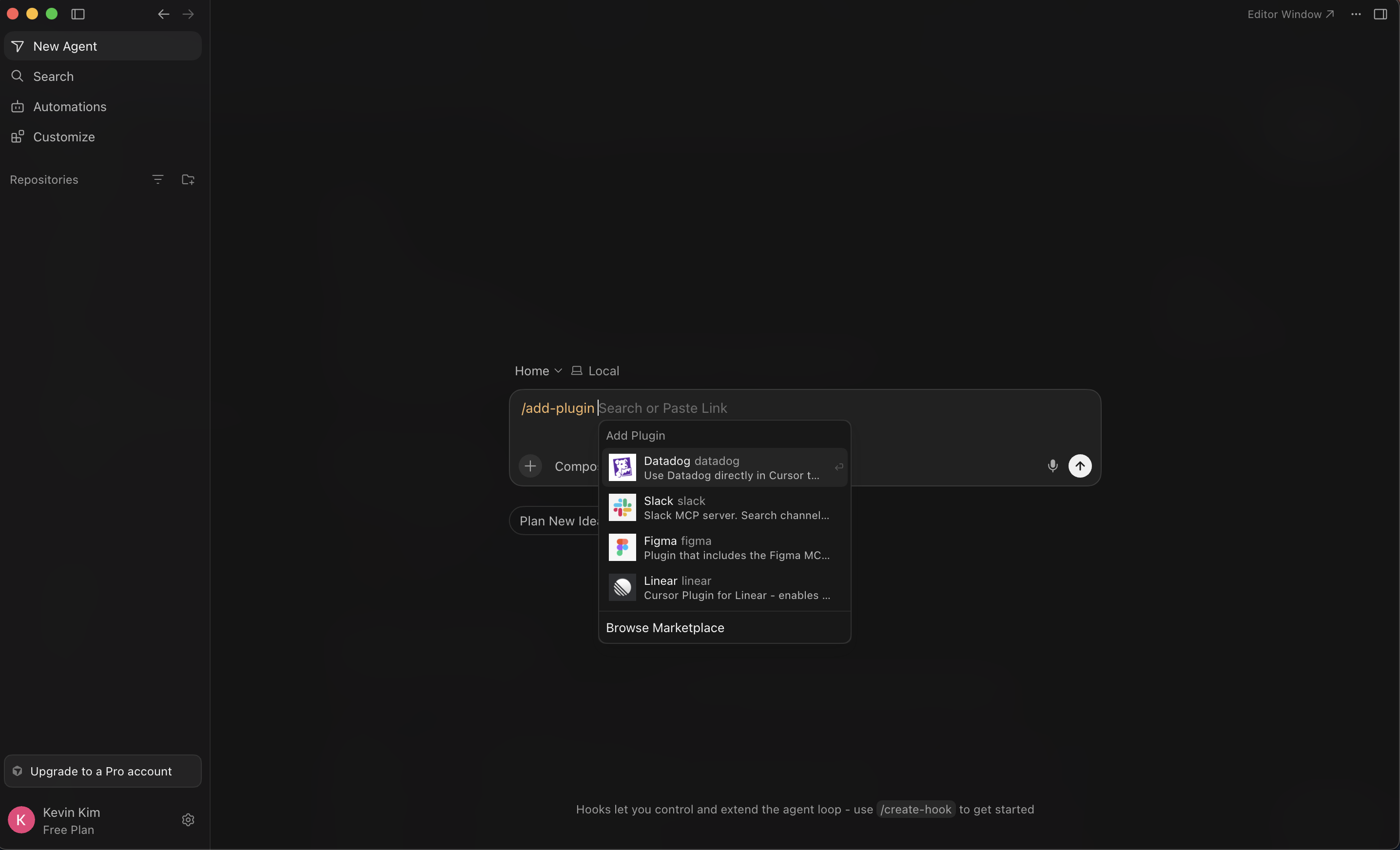 Running the /add-plugin command and clicking Browse marketplace in Cursor