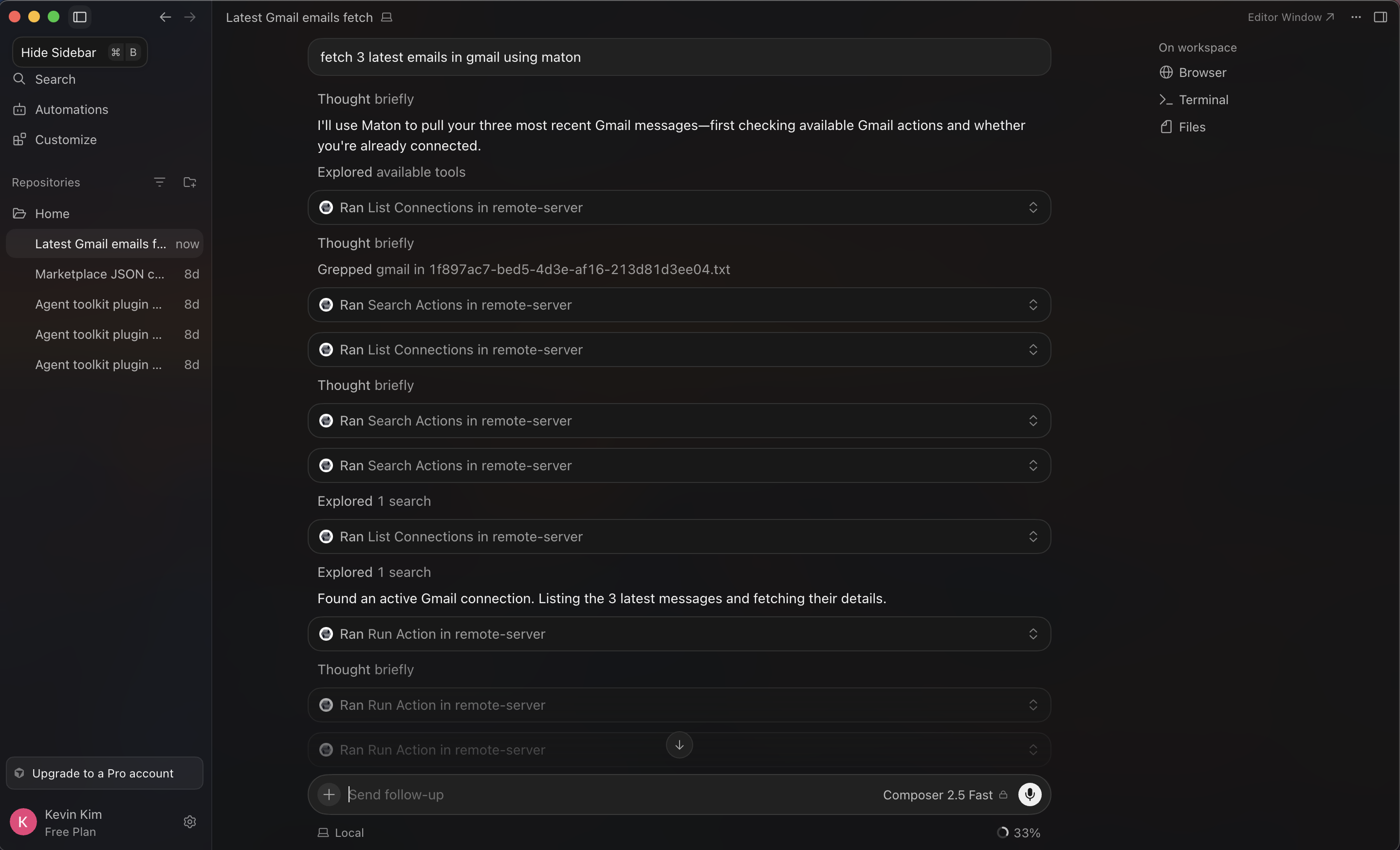 Cursor fetching Gmail emails through Maton