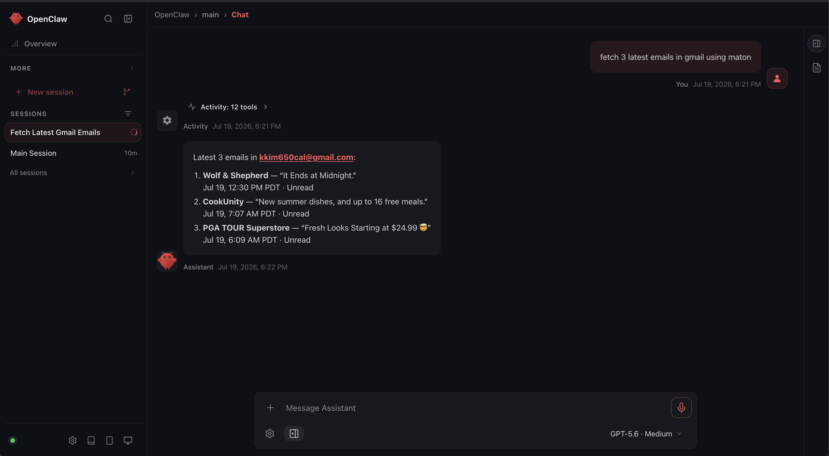 OpenClaw fetching Gmail emails through Maton