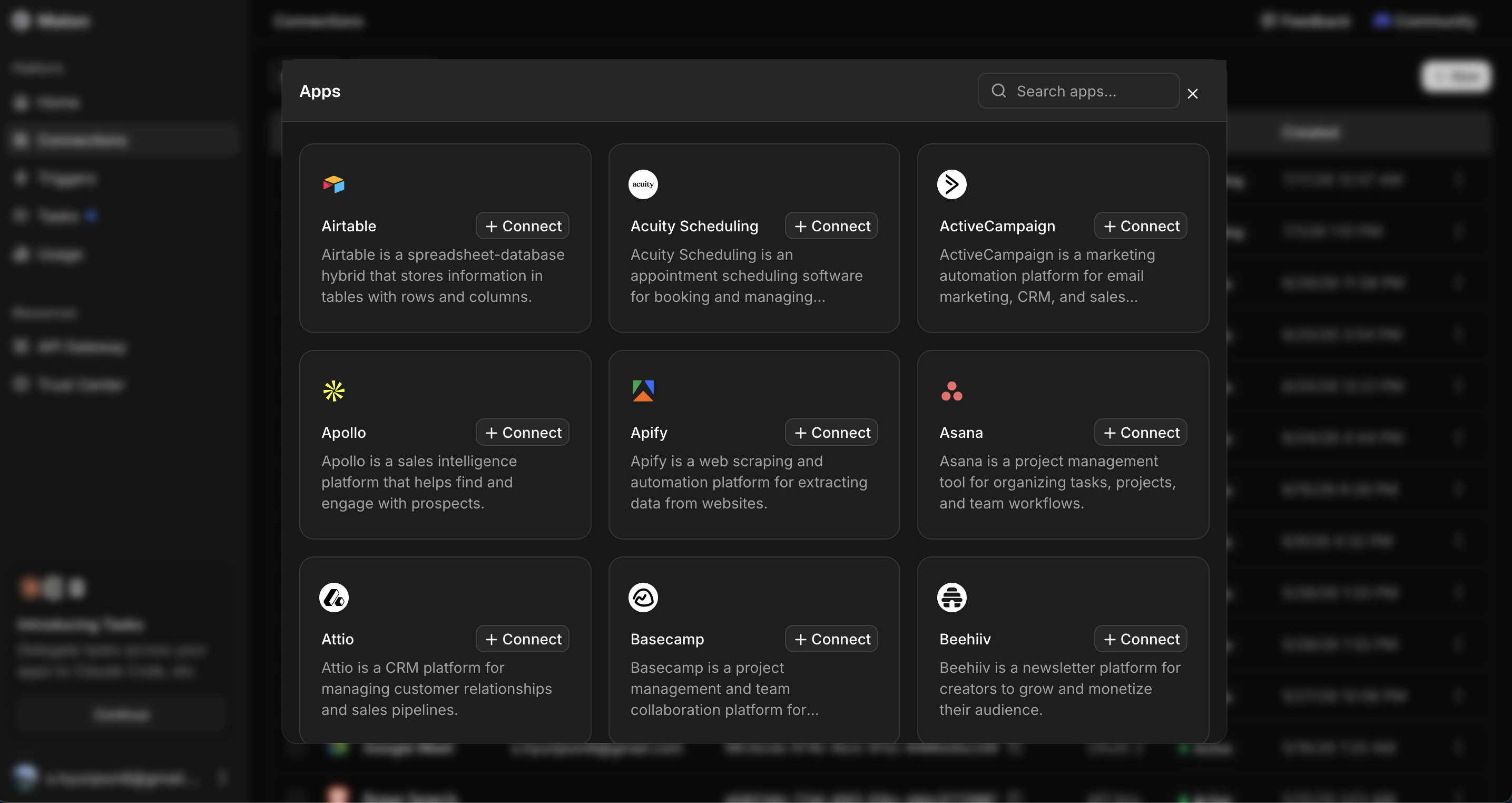 Connecting an app in the Connections page