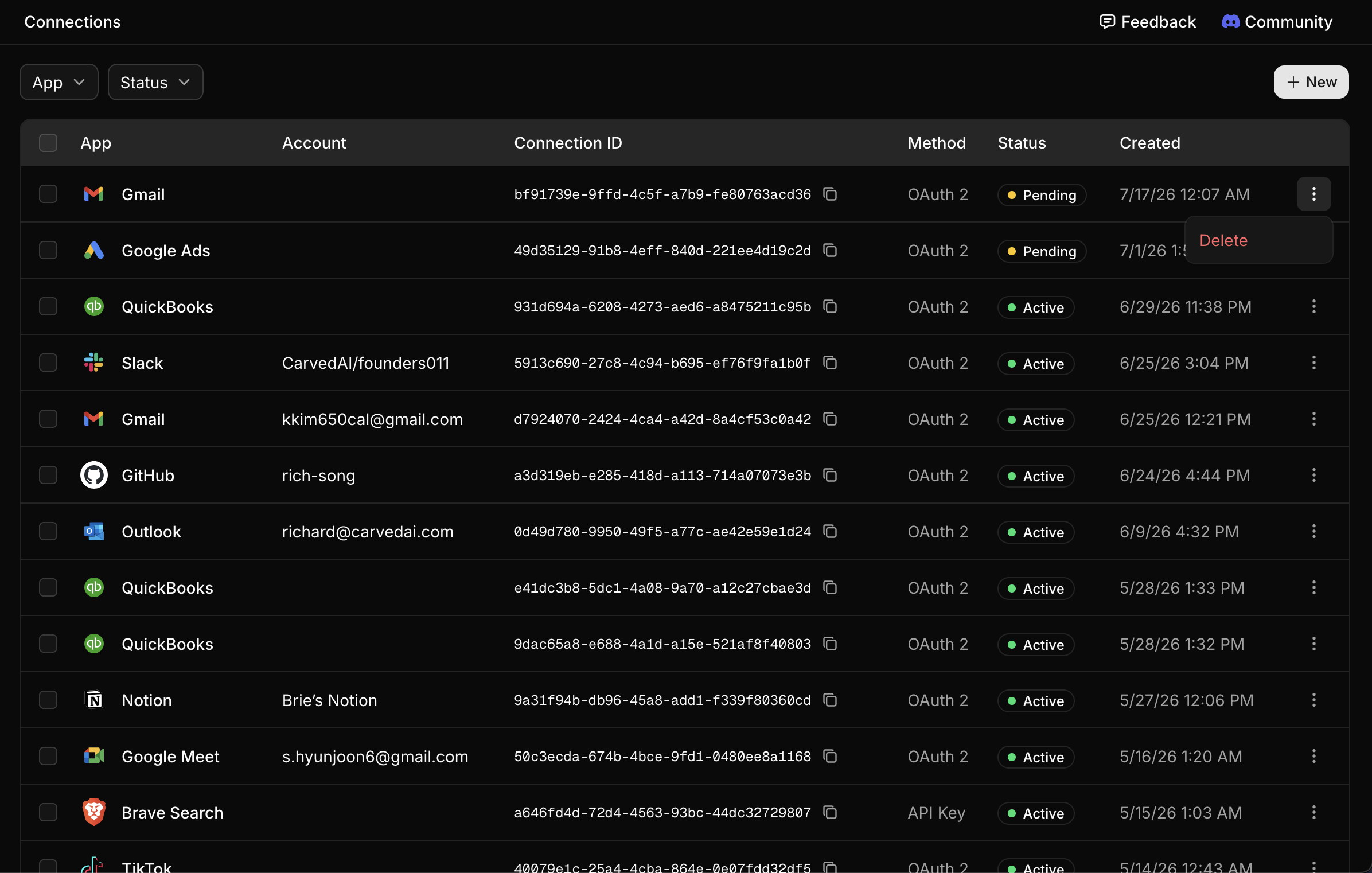 Deleting a connection from its row menu