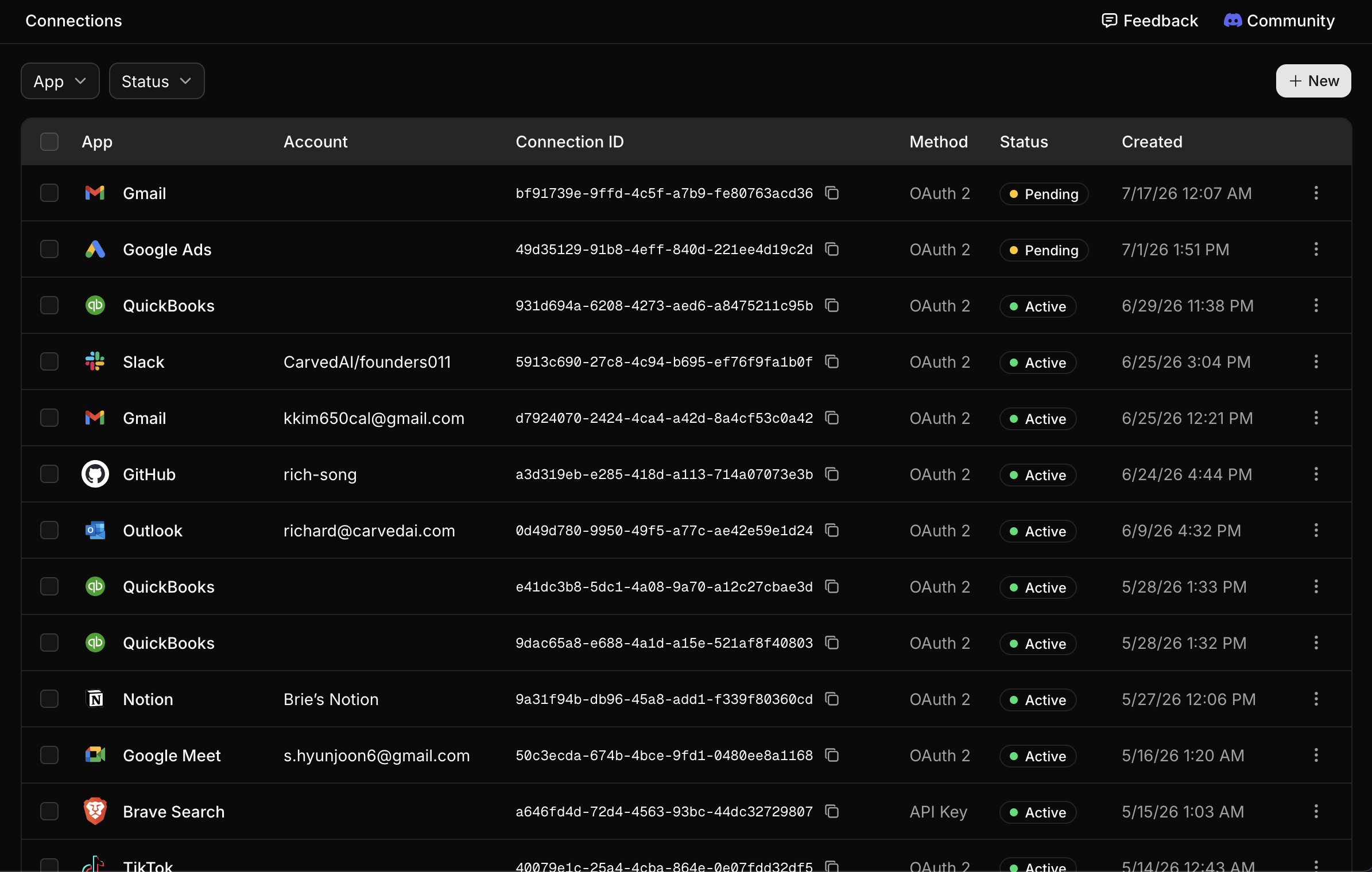 The Connections page listing all connections