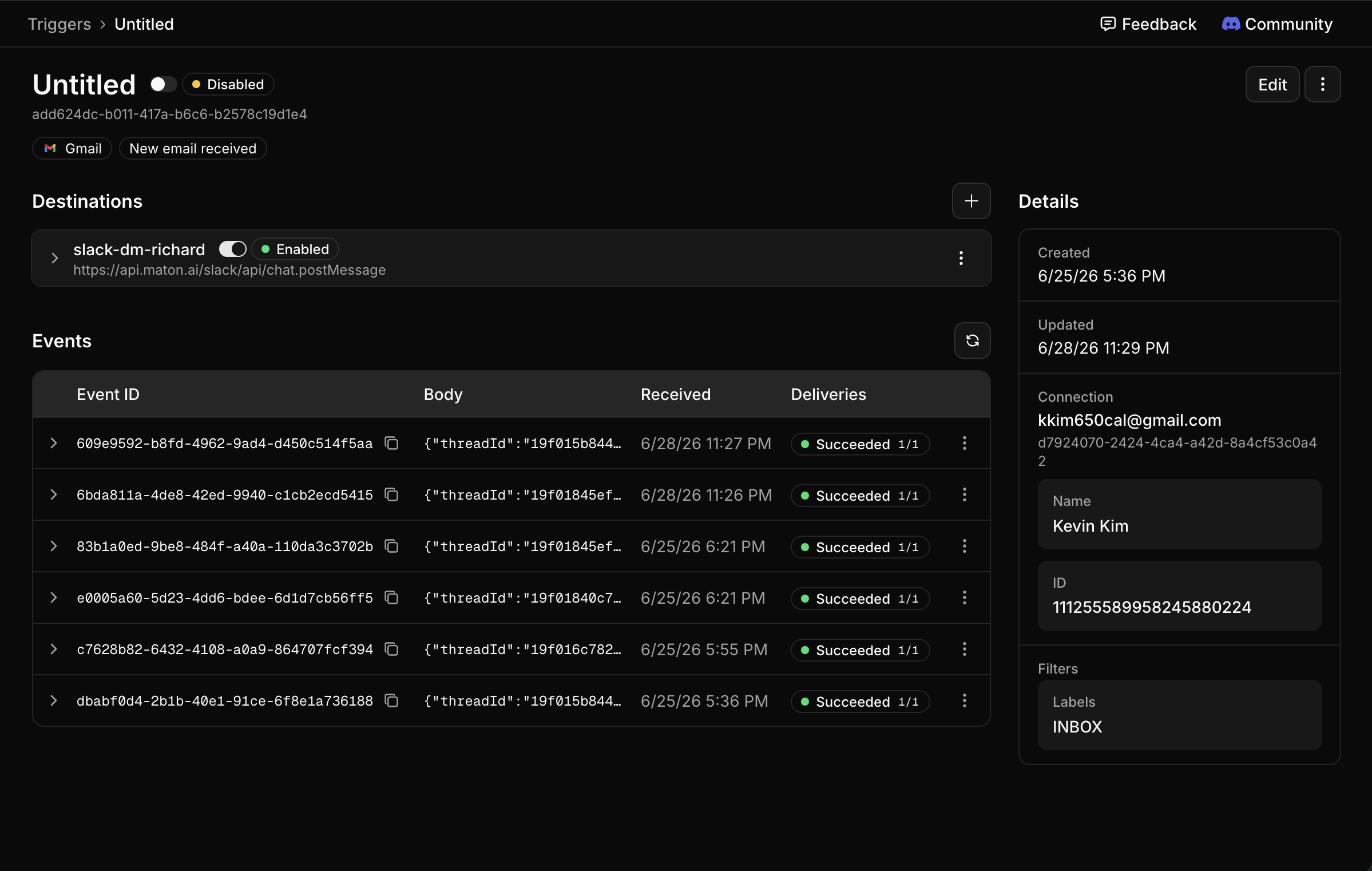 Adding a destination from the trigger's Destinations section