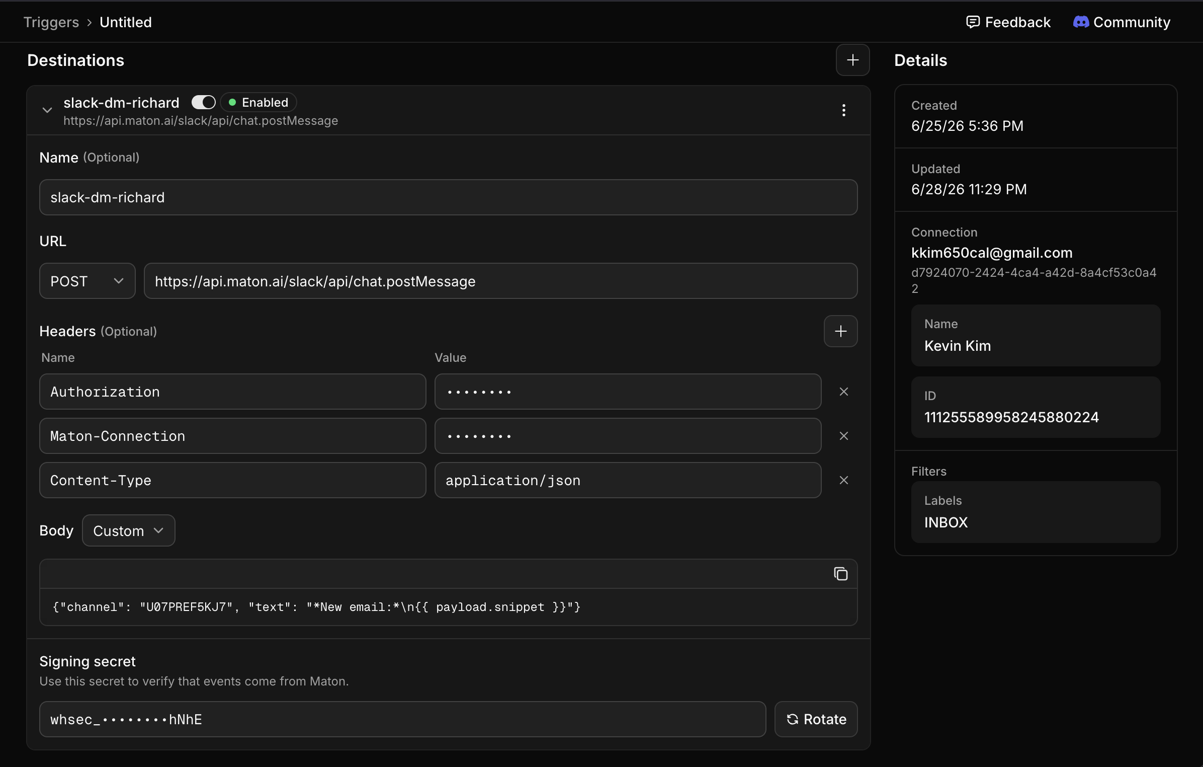 Editing a destination's name, endpoint, and body