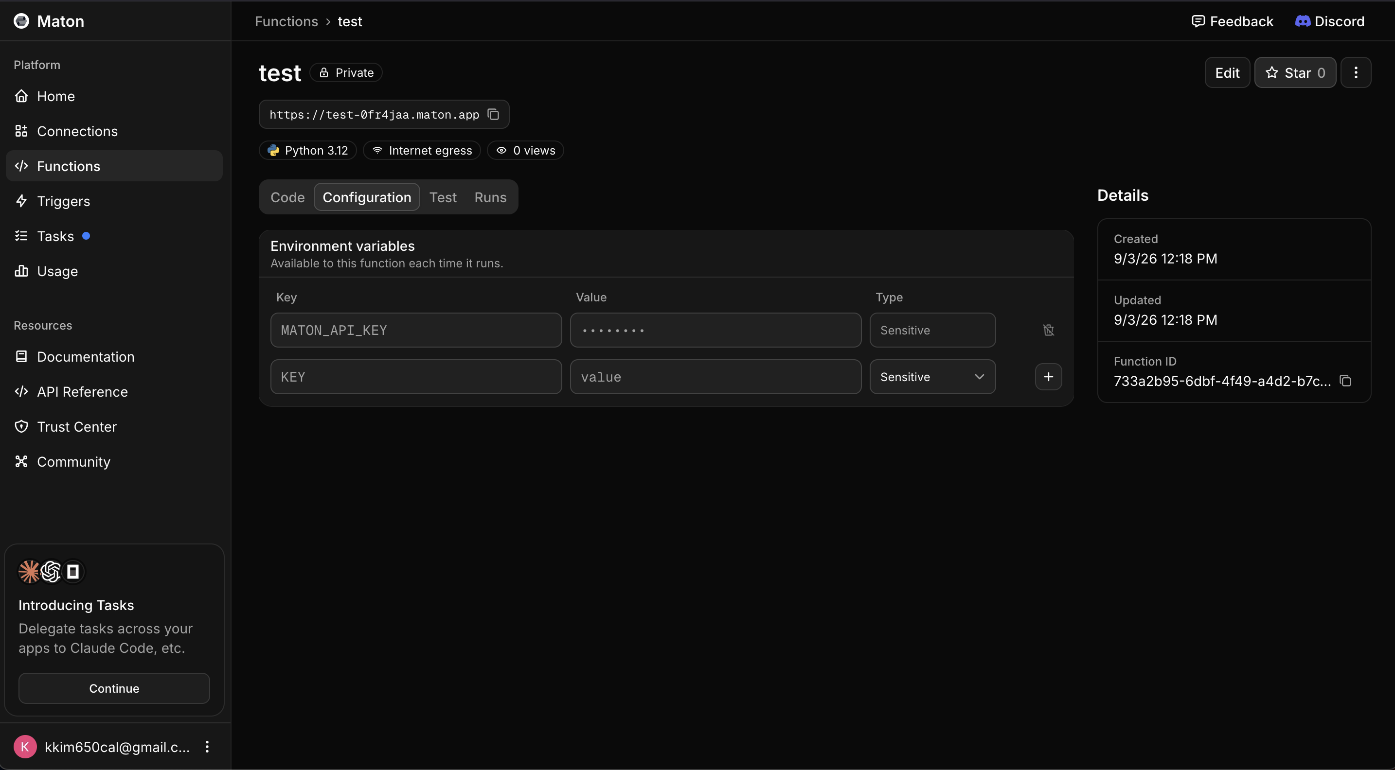 The Environment card on a function's Configuration tab, listing its variables as key-value pairs