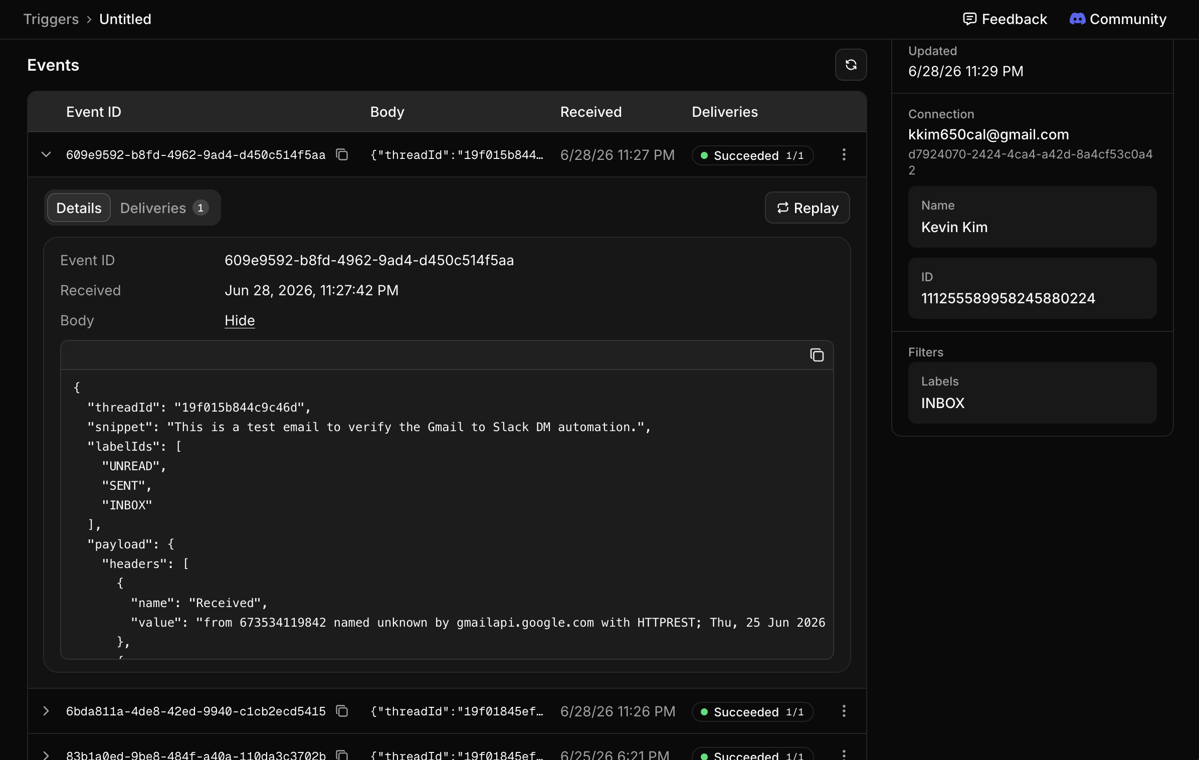 An event's payload and destination response details