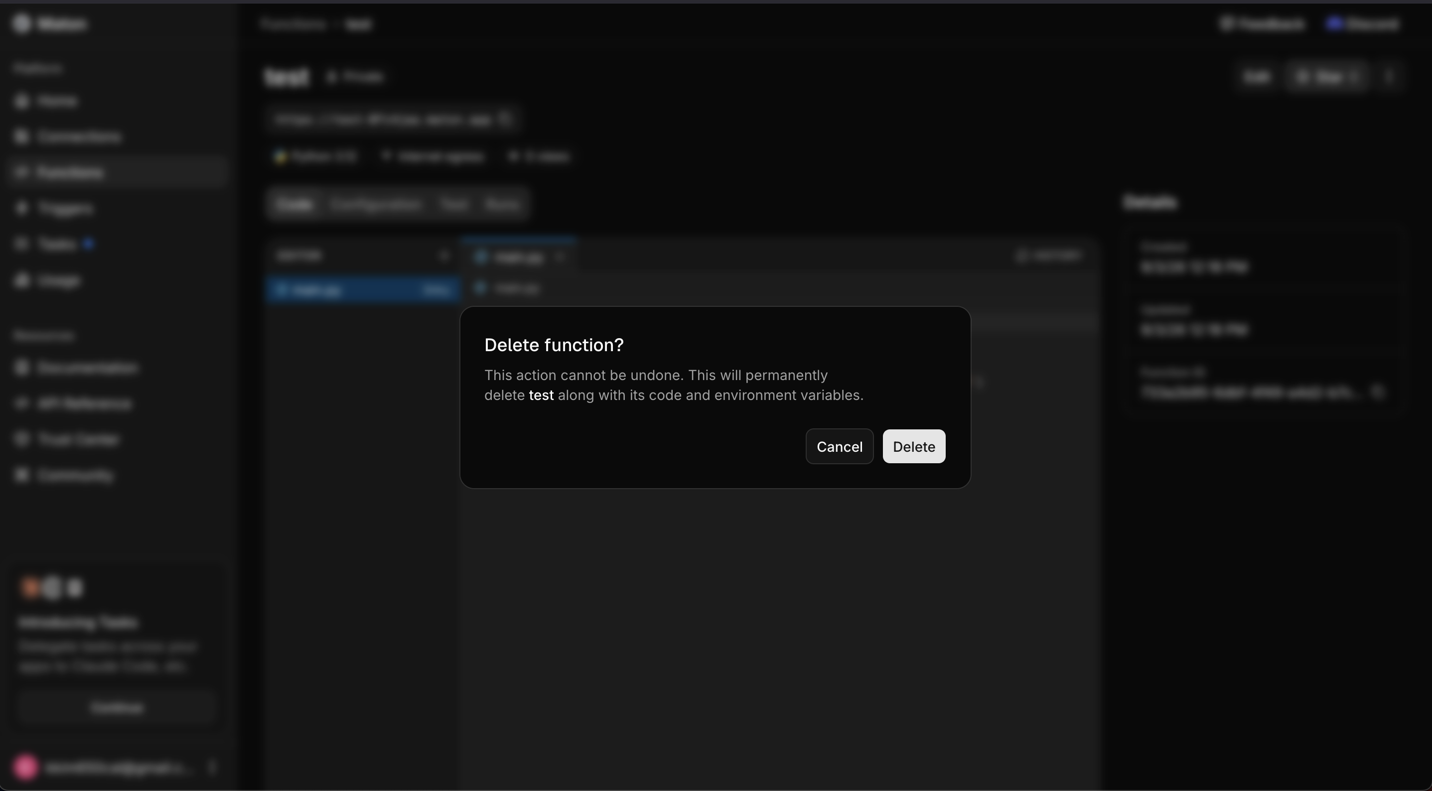 Deleting a function from its row menu