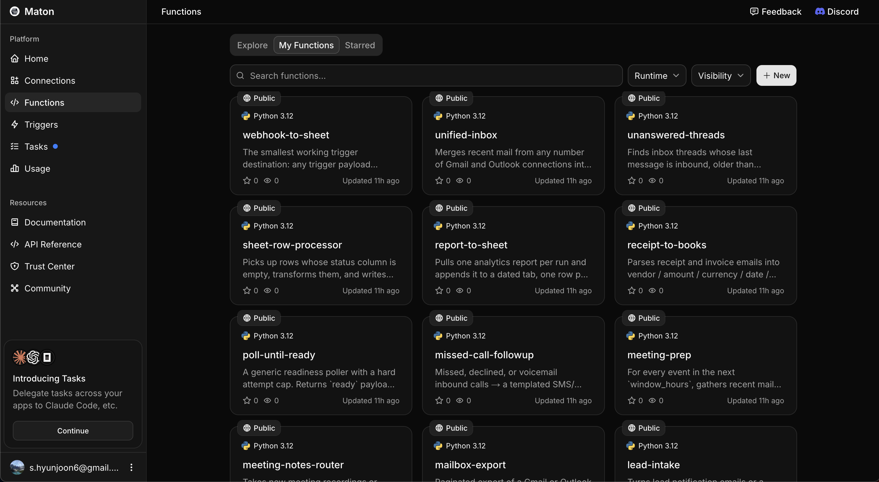 The Functions page listing all functions