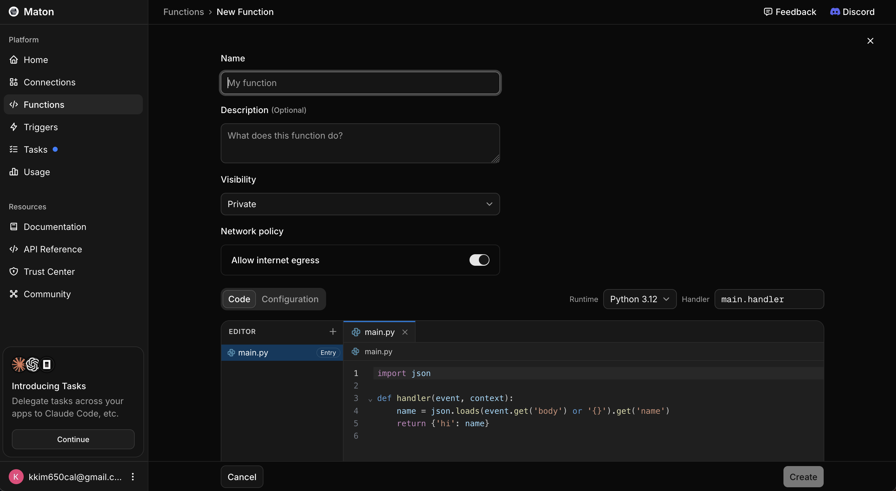 Naming a new function and picking its runtime