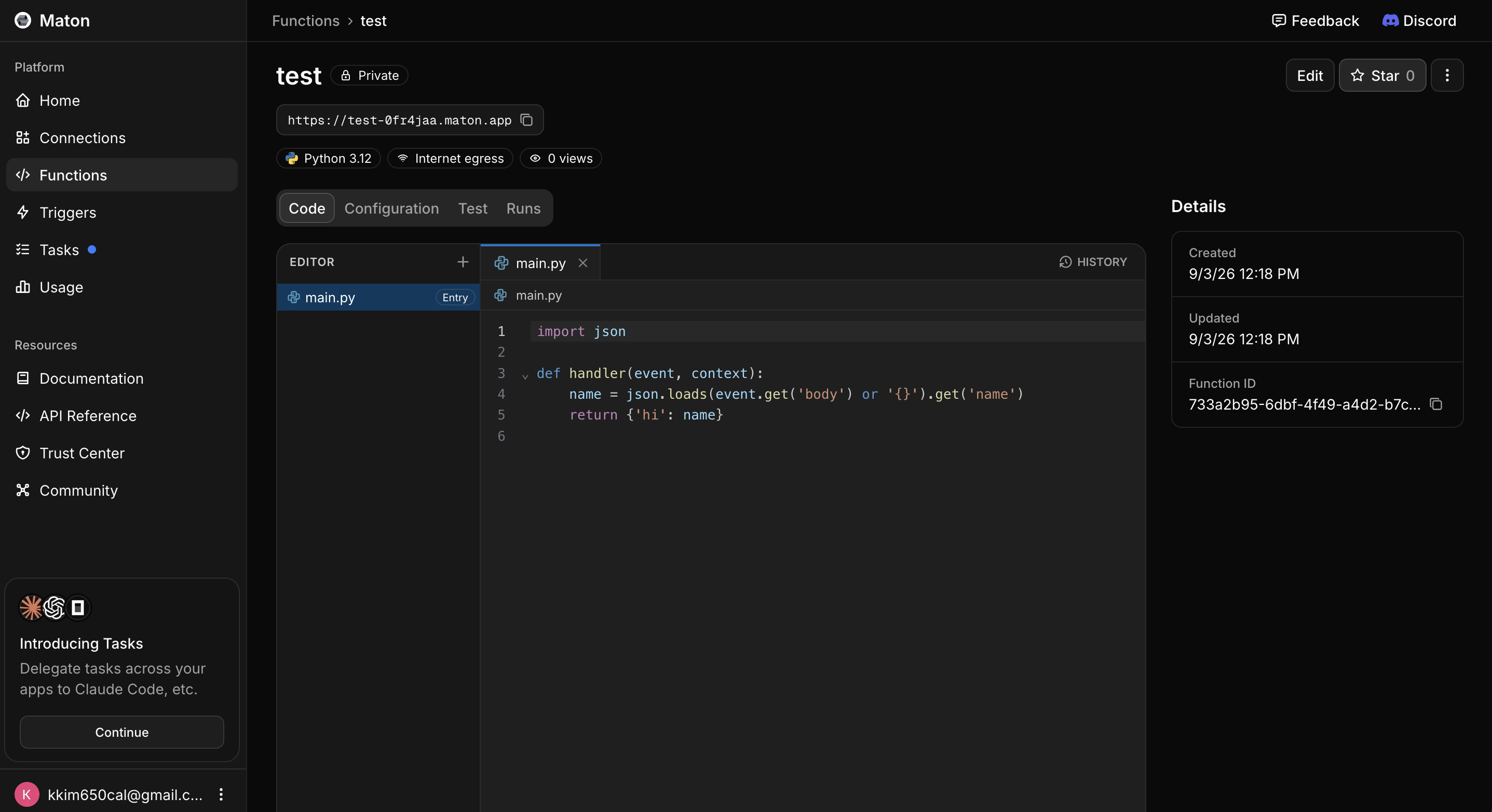 A function's detail view with its code, version, and recent runs