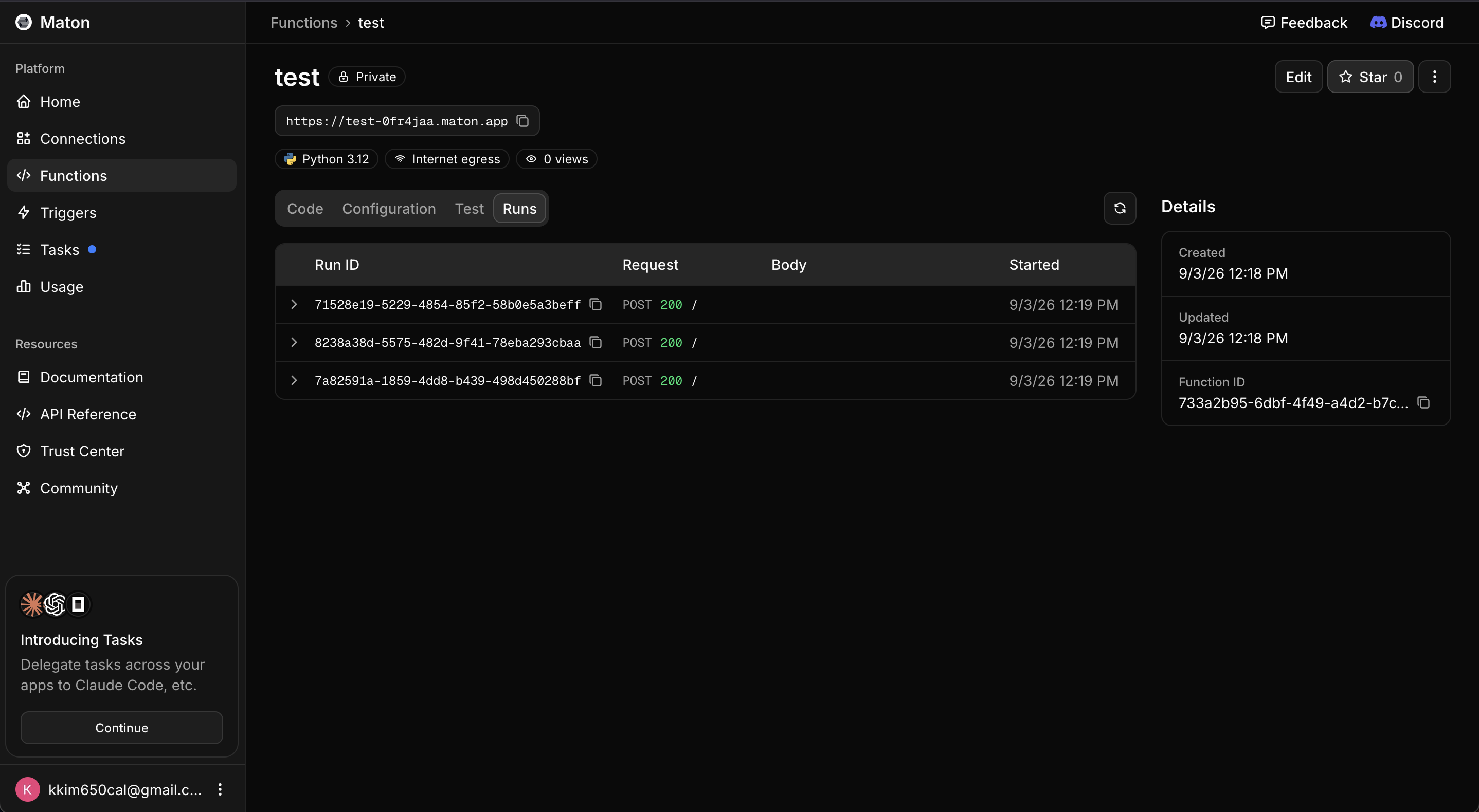 A function's Runs section listing recent runs