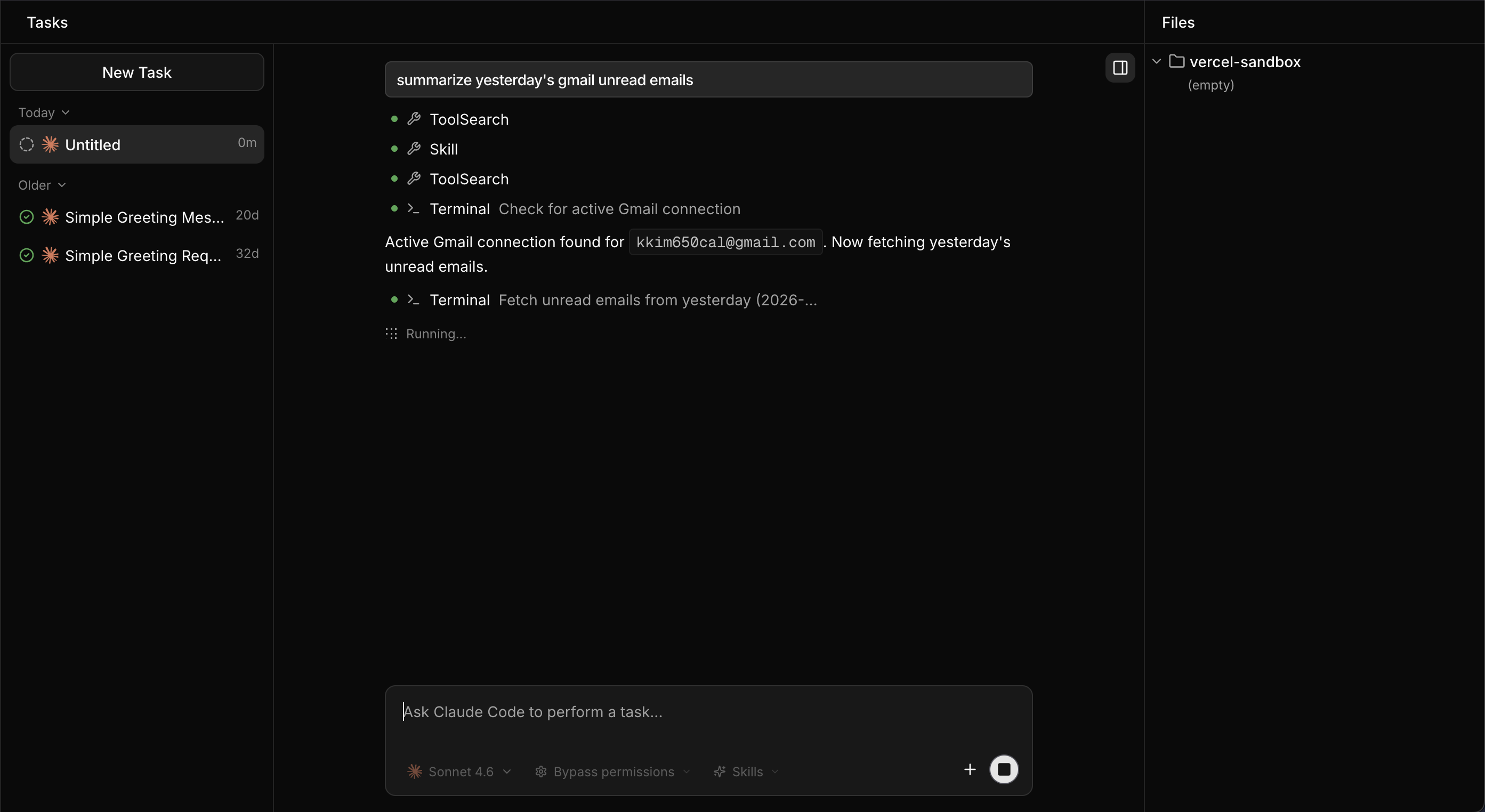 Running a task in the Tasks page