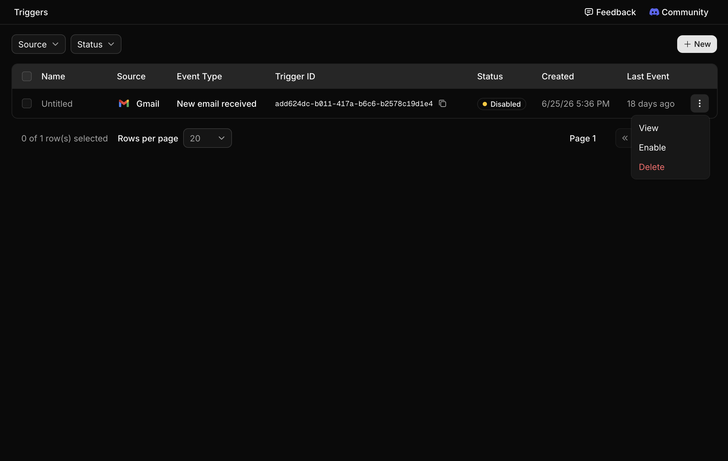 Deleting a trigger from its row menu