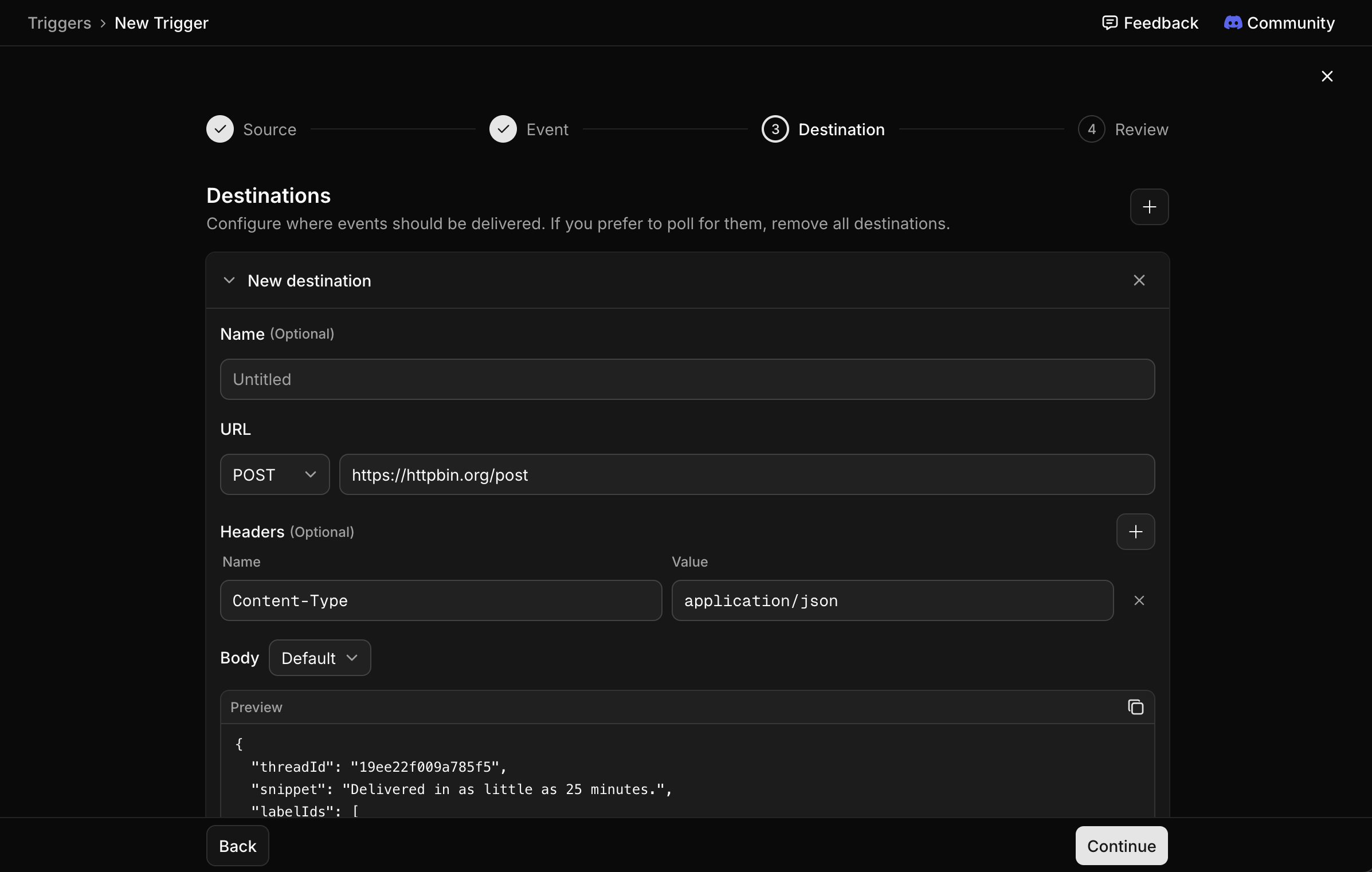 Adding destinations where events should be delivered