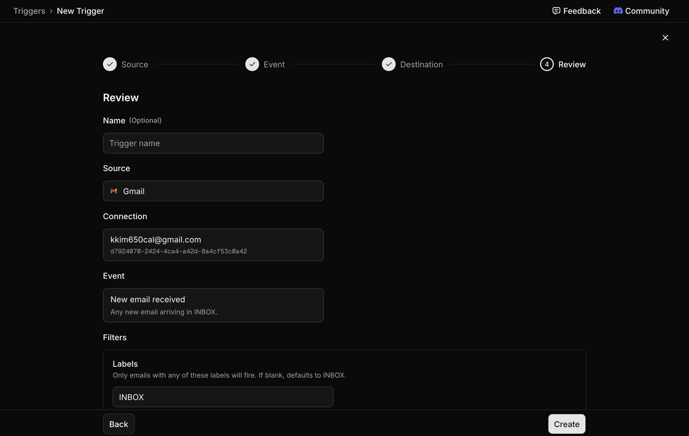 Reviewing trigger details before creating