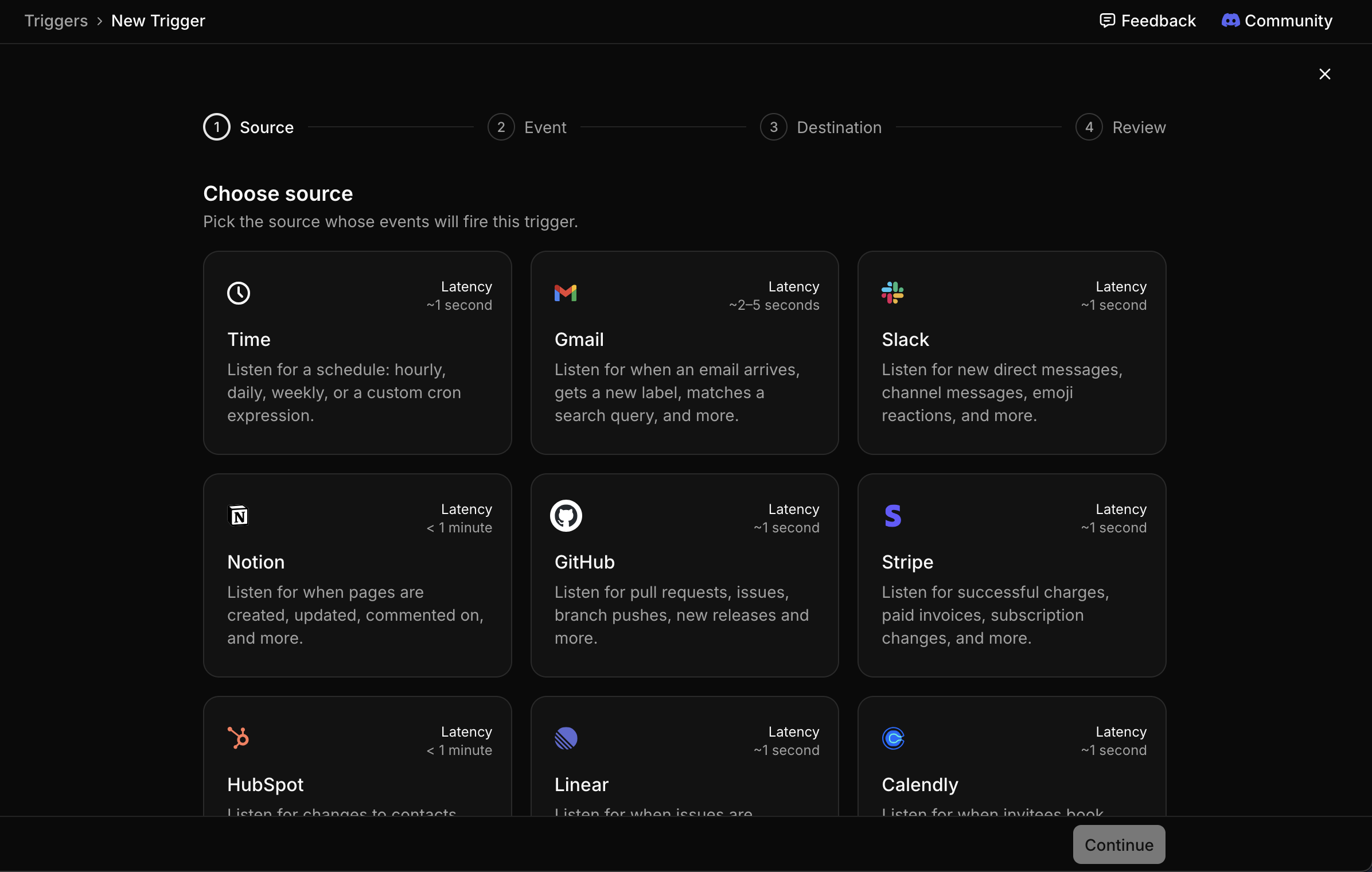 Selecting a trigger source in the Triggers page