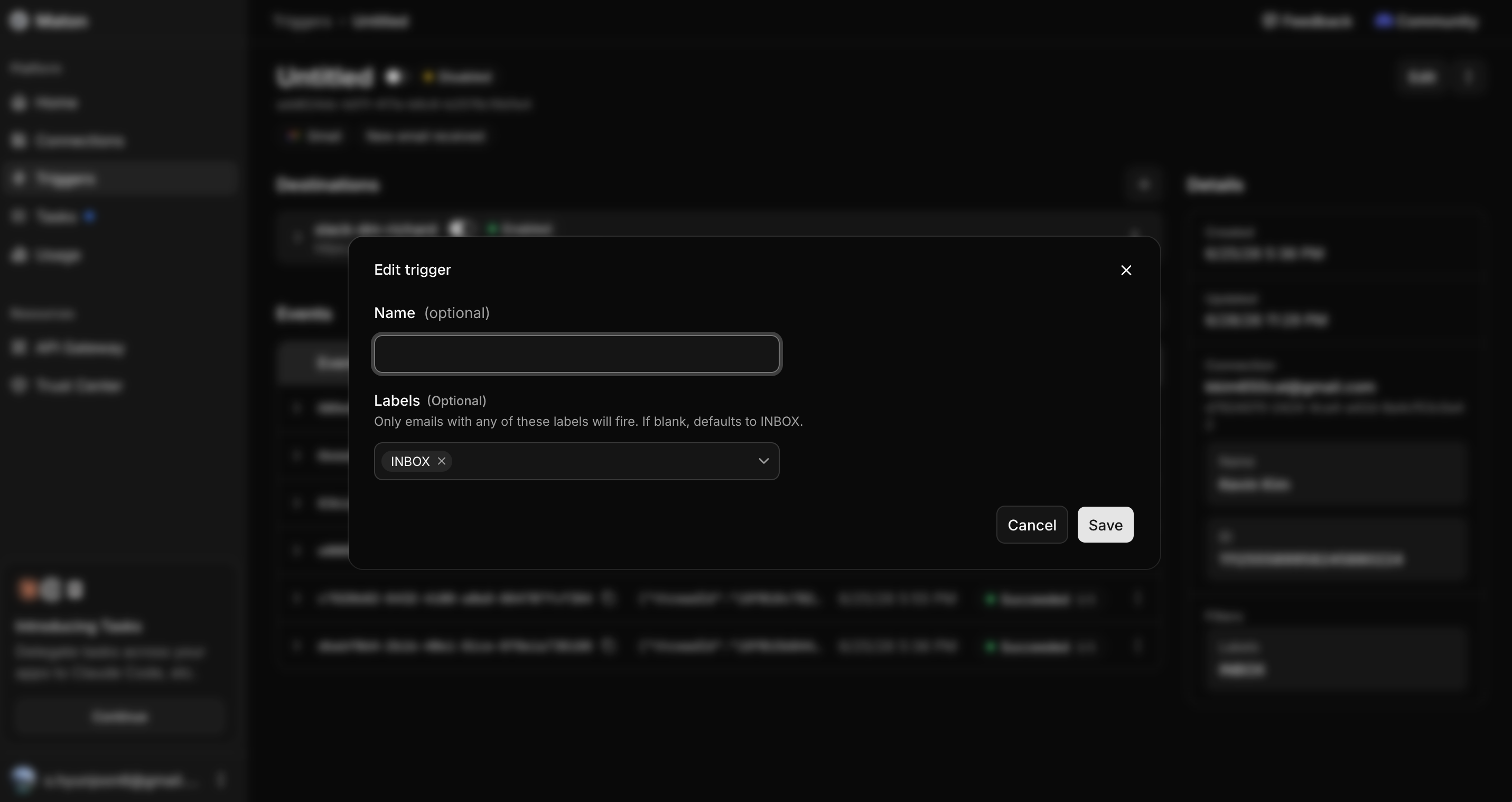Editing a trigger's name, parameters, status, and destinations